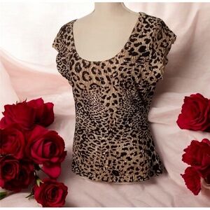 💋 INC Sexy Leopard Print Shimmer Short Sleeved StretchTop Sz Large